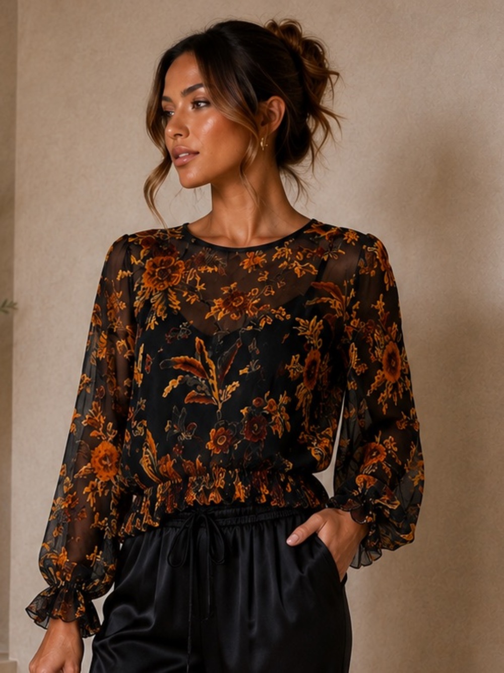 ASTR The Label XS Black Gold Velvet Burnout Floral Blouse Sheer
